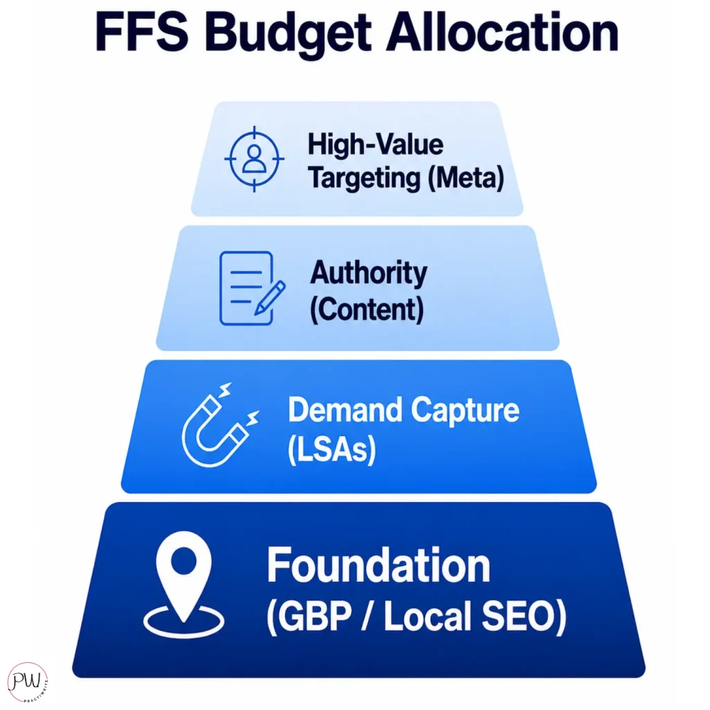 Layered fee-for-service dental marketing budget allocation from foundation to high-value targeting
