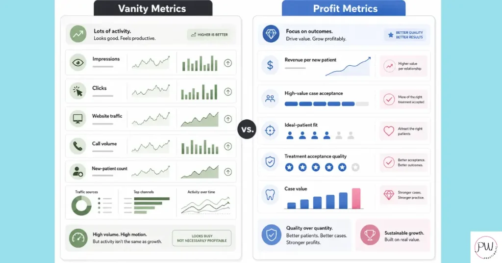 Side-by-side infographic comparing dental marketing vanity metrics with profit metrics. The left panel shows a busy gray and green agency-style dashboard focused on impressions, clicks, website traffic, call volume, and new-patient count. The right panel shows a cleaner blue and pink fee-for-service dashboard focused on revenue per new patient, high-value case acceptance, ideal-patient fit, treatment acceptance quality, and case value.