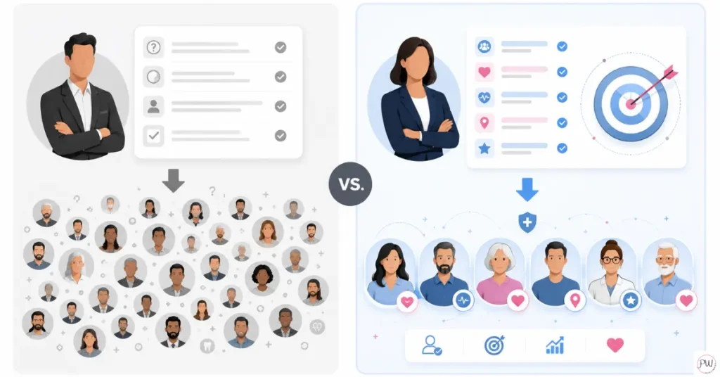 Comparison graphic showing a polished but mismatched dental marketing agency beside an agency aligned to a fee-for-service practice.