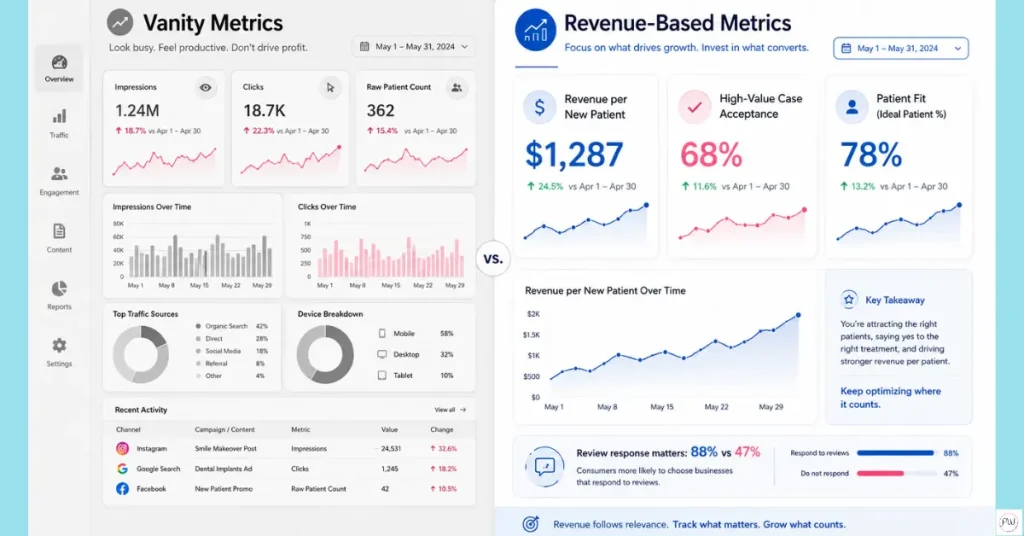 Comparison of vanity marketing metrics versus revenue-based metrics a fee-for-service dental practice should track.