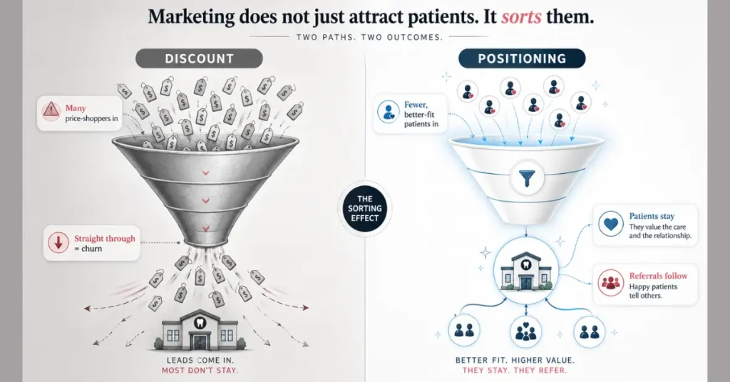 Diagram showing how discounting sorts for price-shopping patients who churn while positioning attracts high-value patients who stay and refer