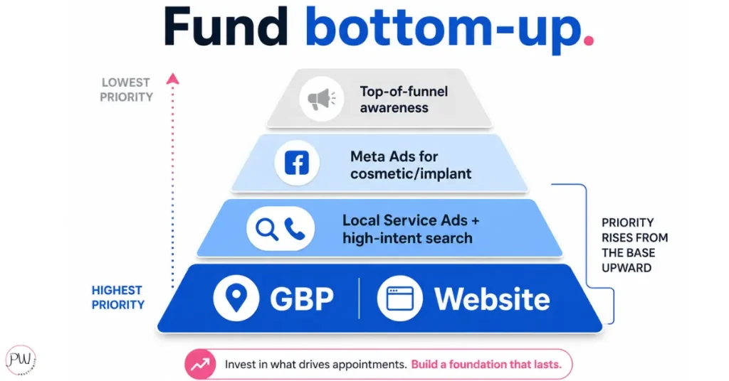 Priority order for spending a fee-for-service dental marketing budget, starting with Google Business Profile and website