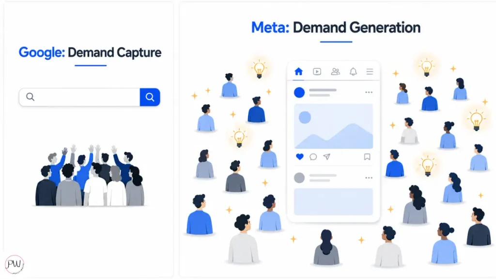 Diagram contrasting Google as demand capture with Meta ads as demand generation for high-value dental cases