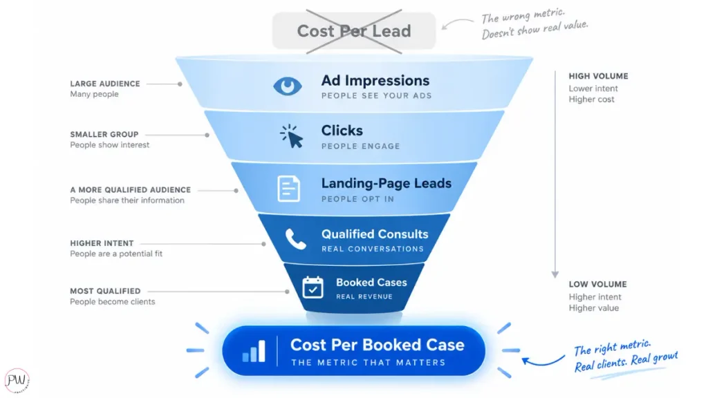 Funnel showing how Meta ad clicks convert into booked high-value dental cases, measured by cost per booked case
