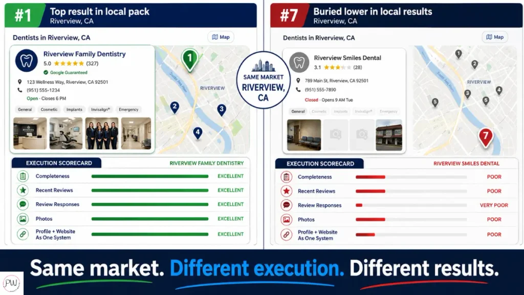 Two dental practices in the same market with different Google Business Profile execution and different ranking results