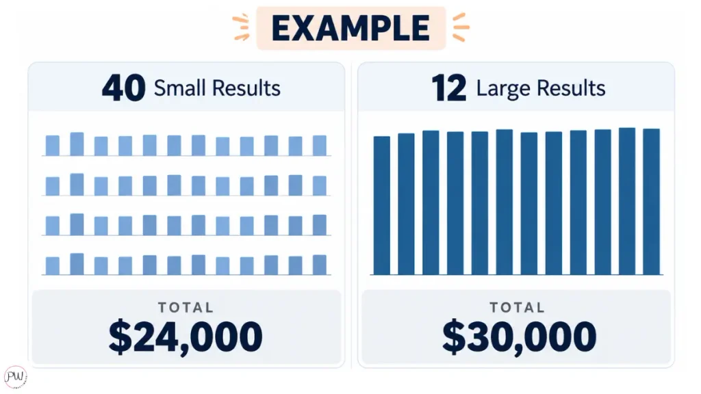 Bar chart illustration comparing 40 new patients at lower value per patient with 12 new patients at higher value per patient, showing higher total production for the fee-for-service example