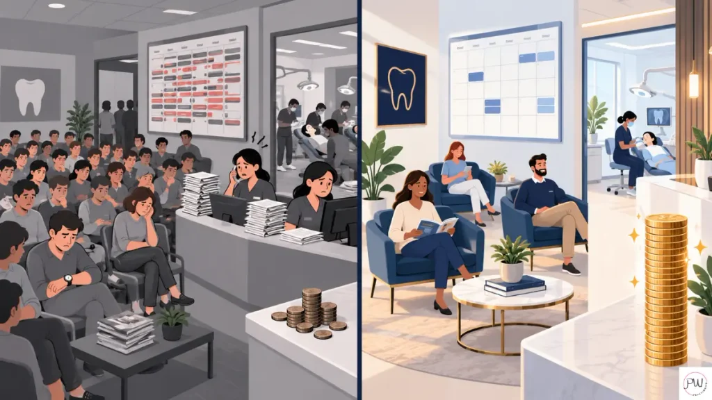 Side-by-side comparison of PPO dental practice marketing metrics focused on patient volume and fee-for-service dental practice metrics focused on case value and case acceptance